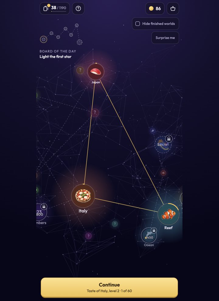 Relax Mahjong world map, with Japan, Italy and Reef worlds connected like stars in a night sky